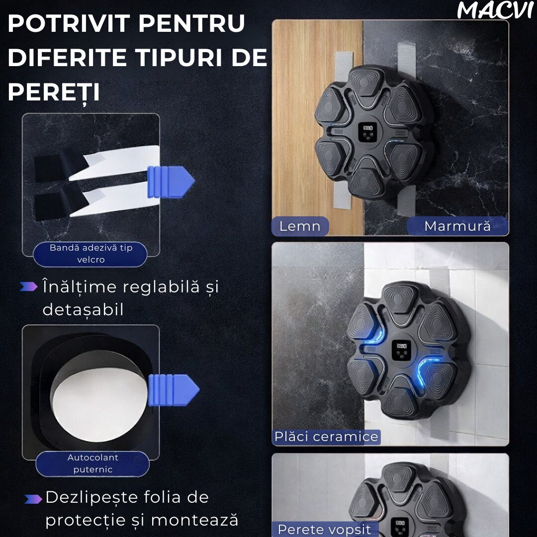 Tinta electronica de box SoSar® muzicala smart cu Bluetooth 10 moduri antrenament mod dublu boxe stereo contor lovituri baterie 1200 mAh din ABS si PP