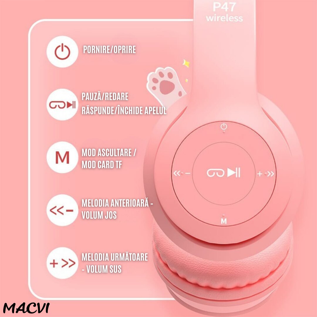 Casti stereo wireless Macvi® P47, urechi pisica, Bluetooth 5.0, radio FM, reducere zgomot, pliabile, slot card, roz