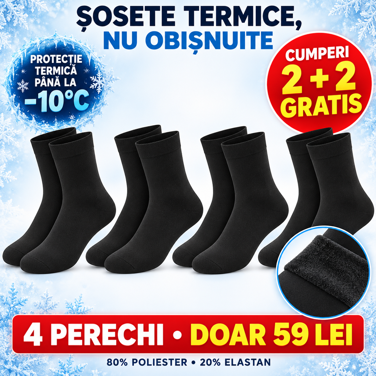 2+2 GRATIS: Sosete termice pufoase Macvi® calduroase, unisex, marime universala, negre, 80% poliester, 20% elastan