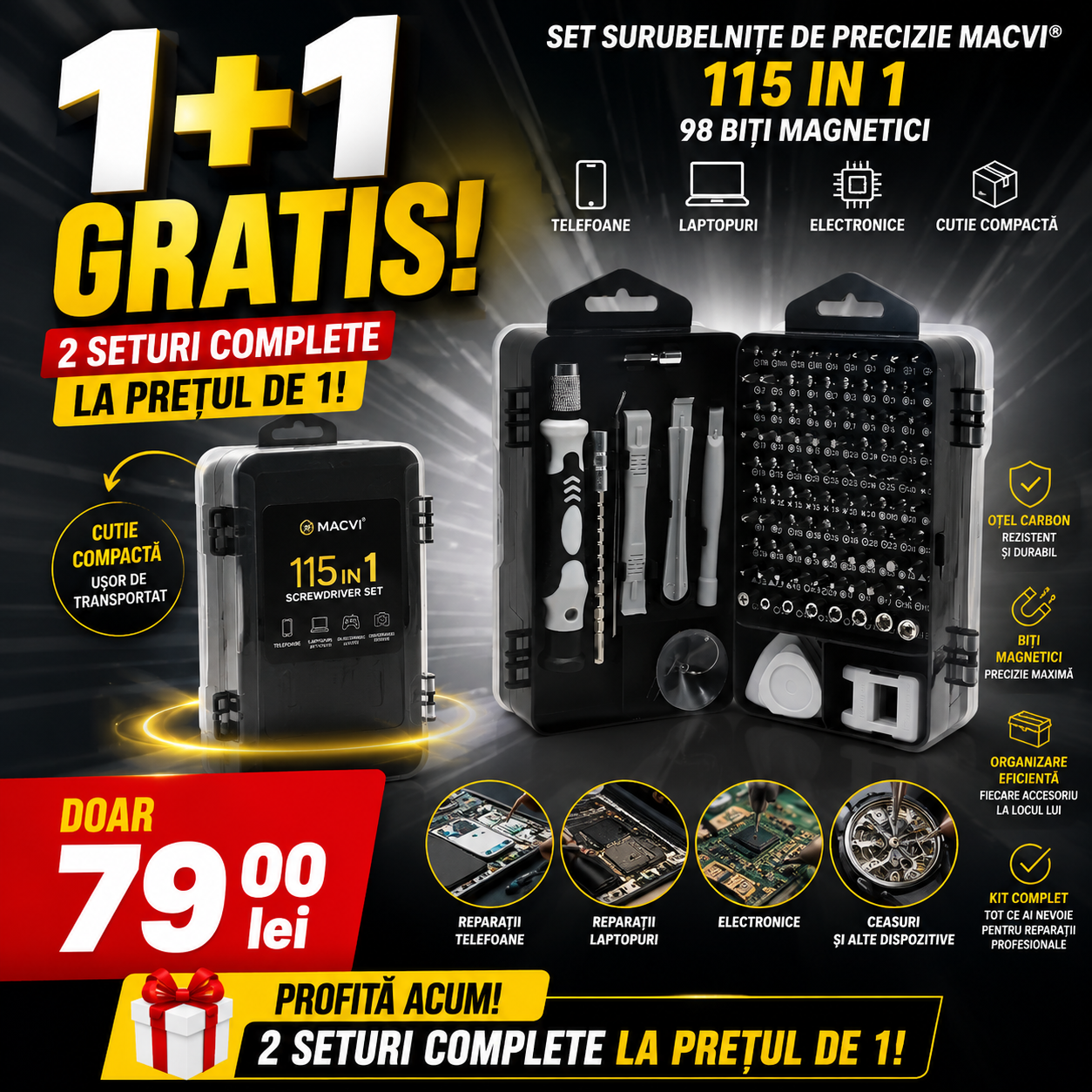 PROMO: 1+1 Set Surubelnite de Precizie Macvi® 115 in 1, 98 Biti Magnetici din Otel Carbon, Trusa Profesionala pentru Reparatii Telefoane, Laptopuri, Electronice, Cutie Compacta