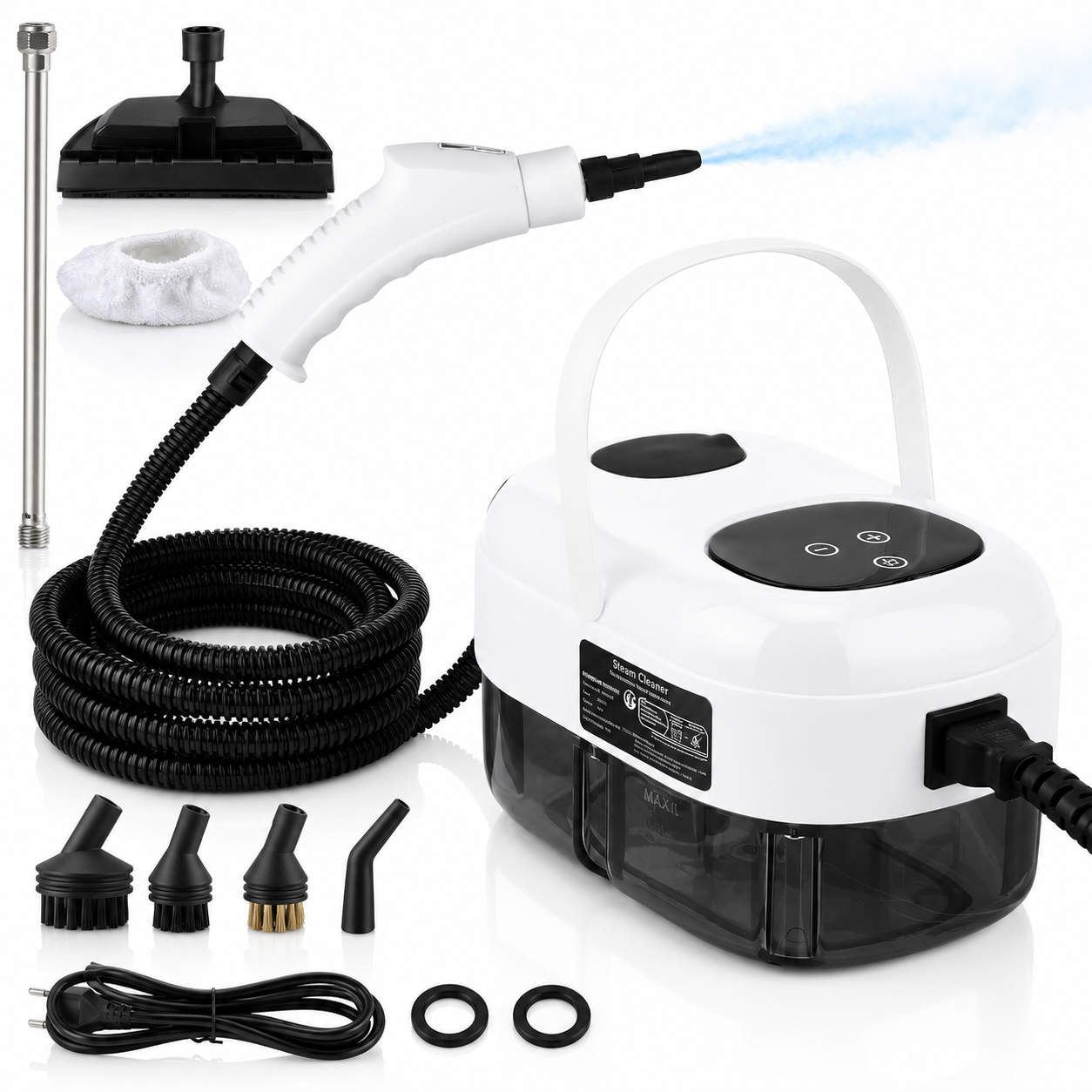 Aparat de curatat cu abur Macvi®, 2500W, rezervor 1.2L, jet sub presiune 3 bari, 6 trepte, 2,2 m cablu 2,5 m accesorii multiple alb, pentru baie, bucatarie, tapiterii, gresie