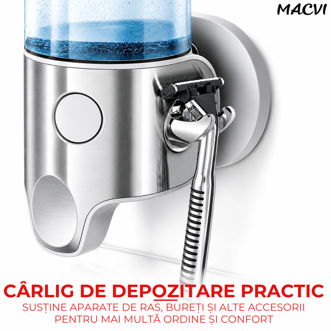 Dispenser Triplu Săpun și Șampon Macvi® 3 x 500 ml, Montare pe Perete, Dozator Gel de Duș, Balsam și Săpun Lichid, Mecanism T-Bar, Plastic Rezistent, Transparent, 31 x 9,9 x 24,5 cm