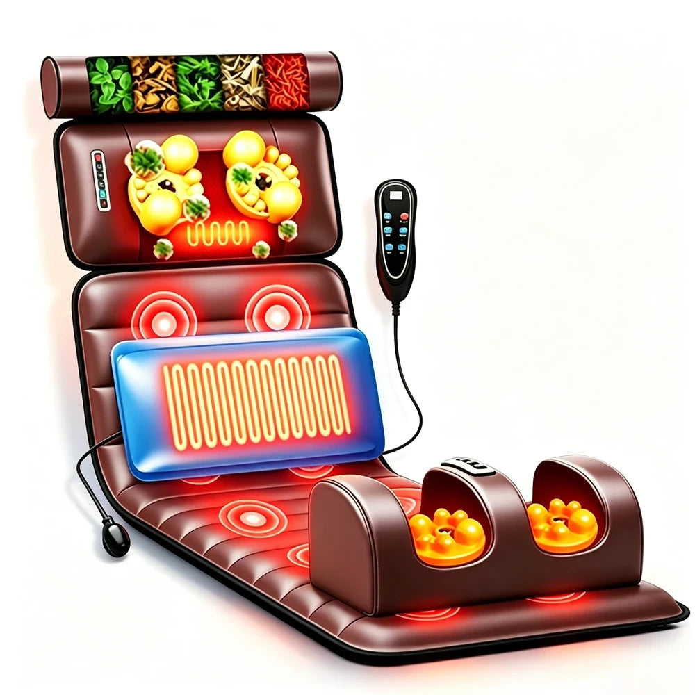 Saltea Multifunctionala de Masaj MACVI, Masaj Complet Shiatsu, 10 Motoare cu Vibratii, Incalzire, 9 Moduri de Masaj, Telecomanda, pentru Spate, Gat si Coloana, Piele Ecologica, Maro