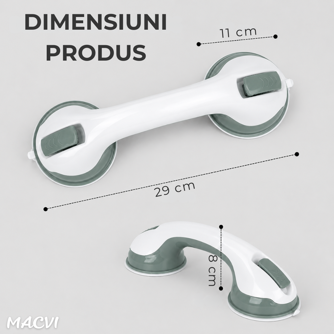 Mâner Ajutător cu Ventuze Macvi® pentru Baie, 29 cm, Fixare fără Găurire, Ventuze Puternice, Montaj Rapid, Suport Antialunecare, Alb