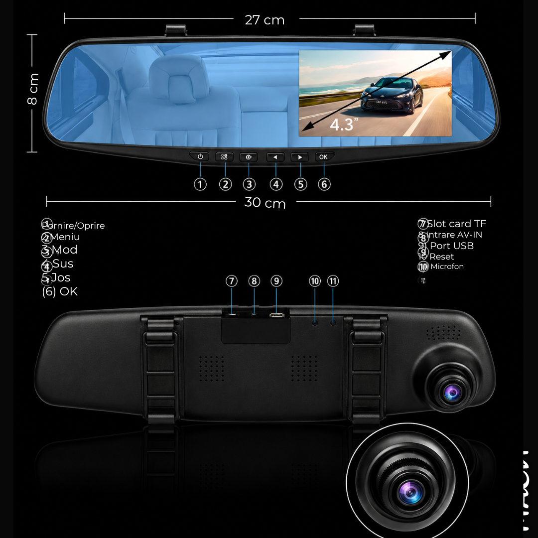 Oglindă Auto Retrovizoare DVR Macvi®, Cameră Duală Față + Marșarier, Full HD 1080P, Display 4.3", G-Sensor, Detectare Mișcare, Monitorizare Parcare, Înregistrare în Buclă, Unghi 170°, Negru