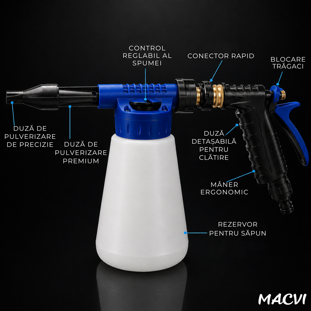 Pistol de Spumare Auto Macvi®, Rezervor Detergent 1L, Presiune Reglabilă, Duză Reglabilă, Conector Rapid 1/2", Debit 10 l/min, 6 Bar, ABS, Albastru/Negru
