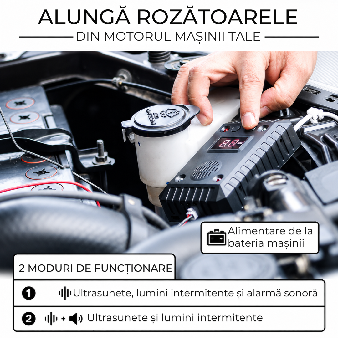 Dispozitiv Antirozătoare Ultrasonic Macvi® 9–65 kHz, cu Display LED, Lumini Intermitente, Alimentare 5–24V, Funcționare cu Baterii sau Alimentare Auto