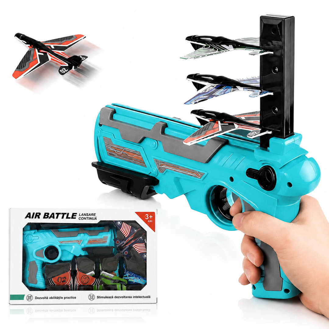 Pistol Lansator Macvi® cu 4 Avioane, Jucarie Interactiva pentru Copii, Design Usor si Sigur, Albastru