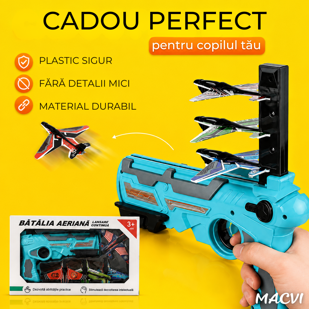 Pistol Lansator Macvi® cu 4 Avioane, Jucarie Interactiva pentru Copii, Design Usor si Sigur, Albastru
