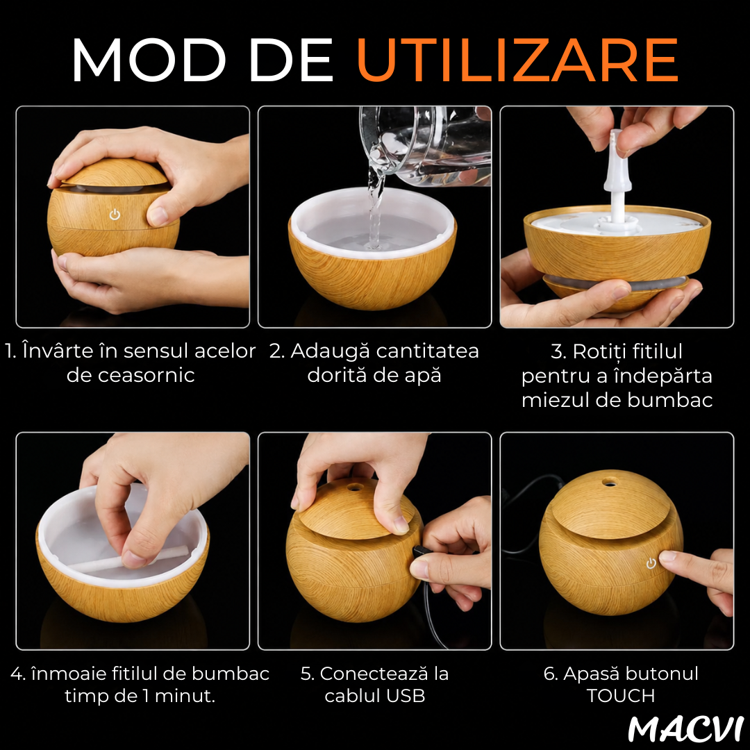 Difuzor Aromaterapie și Umidificator Macvi®, 130 ml, Ultrasunete, 7 Culori LED, Alimentare USB, Ceață Fină 35 ml/h, Funcționare Silențioasă, Suprafață 10–20 m², Bej