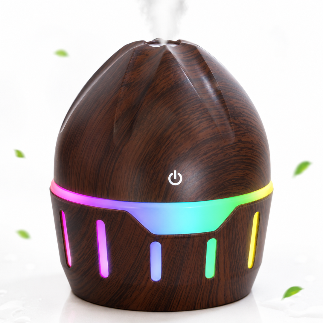 Difuzor Aromaterapie și Umidificator Macvi®, Ultrasunete, 130 ml, 7 Culori LED RGB, Alimentare USB, Funcționare Silențioasă, Design Imitație Lemn Nuc, Maro Înch