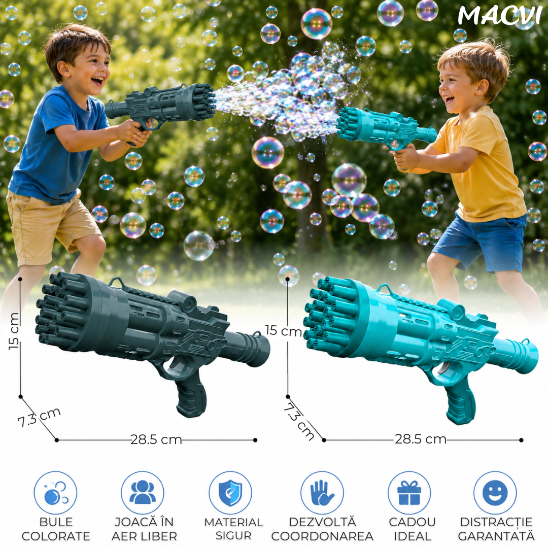 Pistol Bule Macvi® 24 Gauri, Structura Rezistenta din ABS, Tambur Rotativ, Efect Turbo, Jucarie Interactiva pentru Copii si Distractie in Aer Liber, Albastru deschis