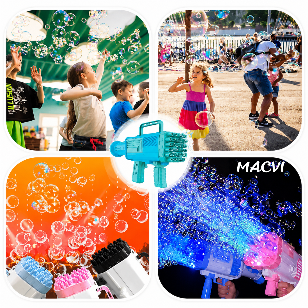 Pistol pentru facut baloane de sapun Macvi® cu 34 de gauri, distractie colorata pentru activitati in aer liber,Albastru