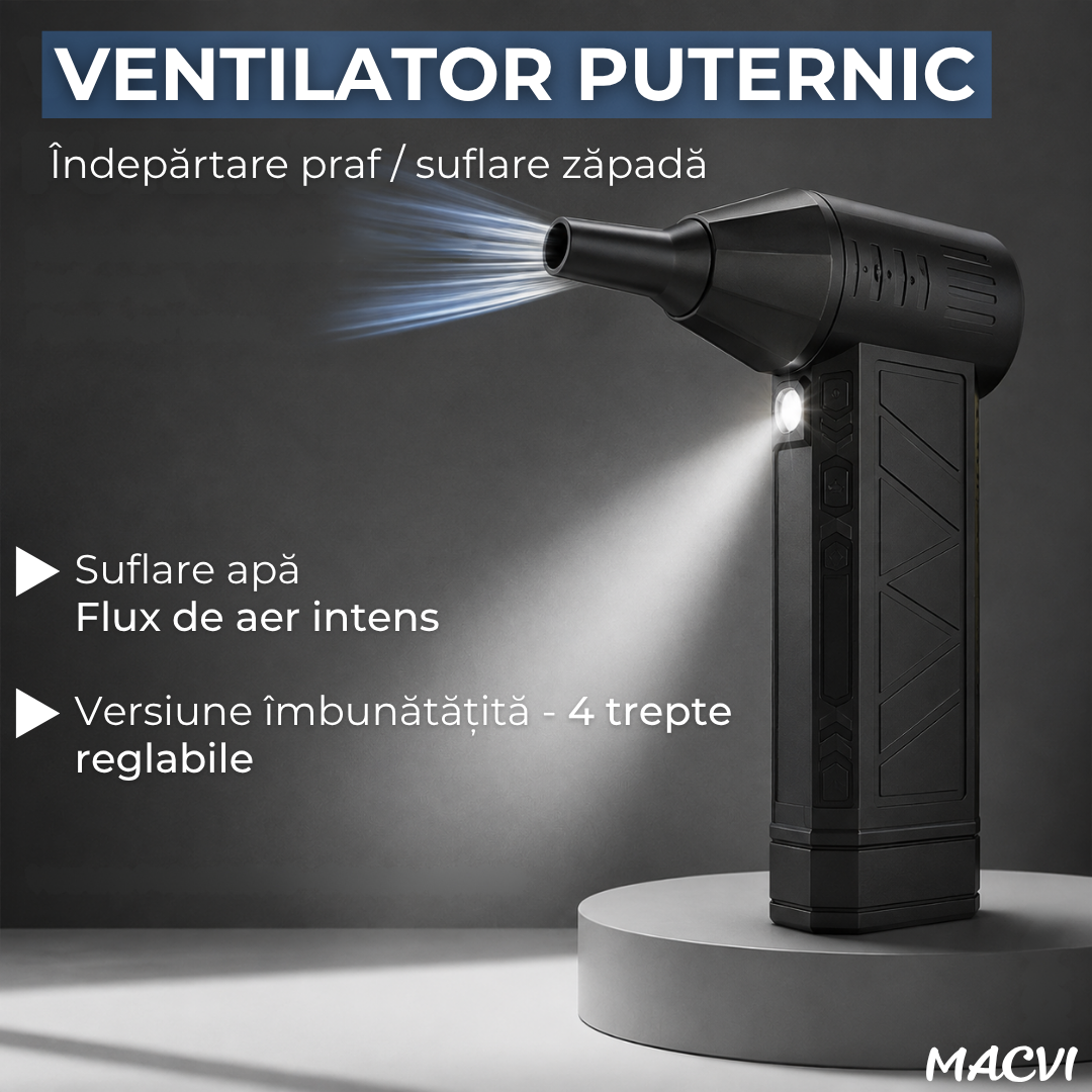 Suflanta aer fara fir Macvi® X3 motor puternic 100000RPM, 2600 mAh Incarcare USB C, indeparteaza instantaneu praful, baterie reincarcabila flux de aer in 3 trepte reglabil, negru