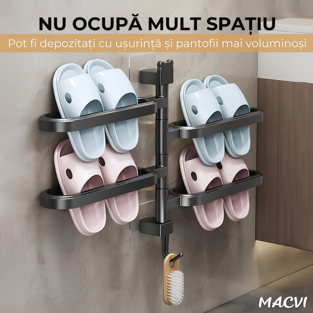 Suport prosoape Macvi® rotativ 180°, 4 brațe mobile, montaj fără găurire, 37 × 36 × 6 cm, autoadeziv, cârlig integrat, organizator baie/bucătărie, Negru