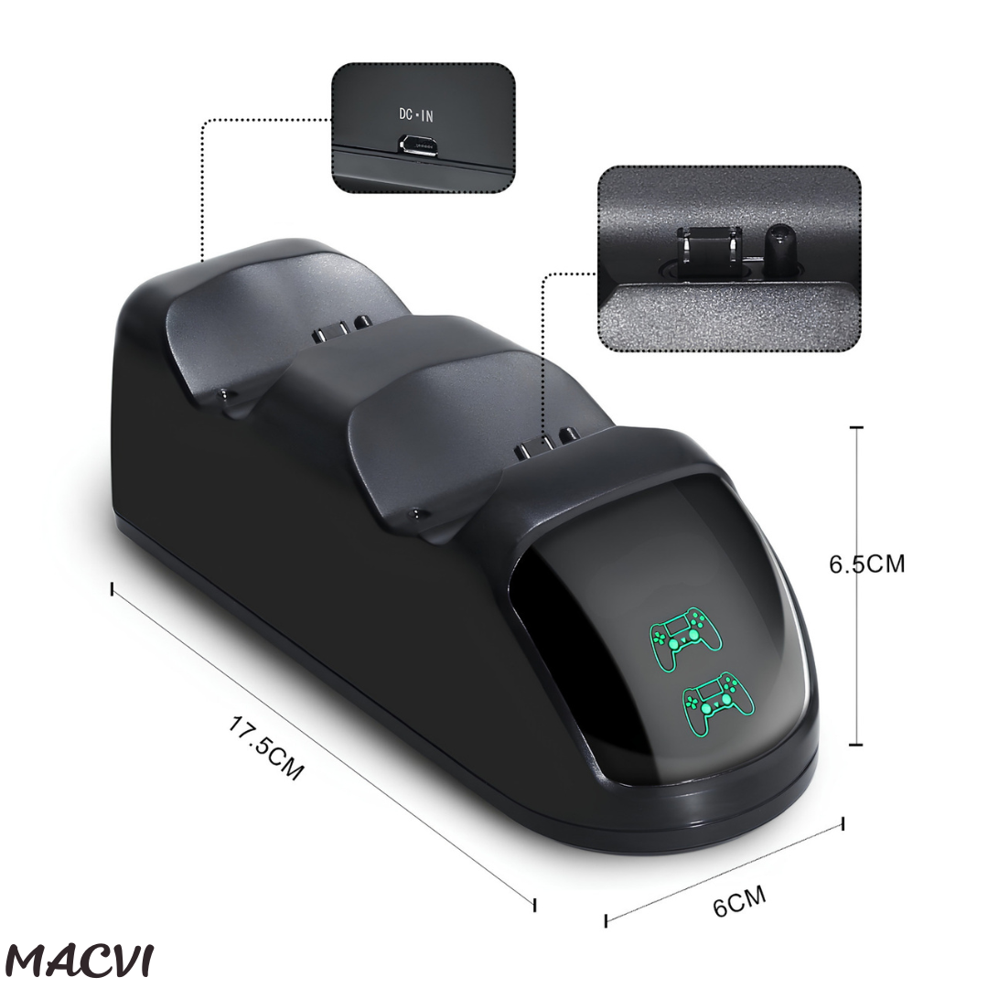 Statie Macvi® de incarcare dubla pentru controlere PS4 cu afisaj LED si protectie inteligenta, negru
