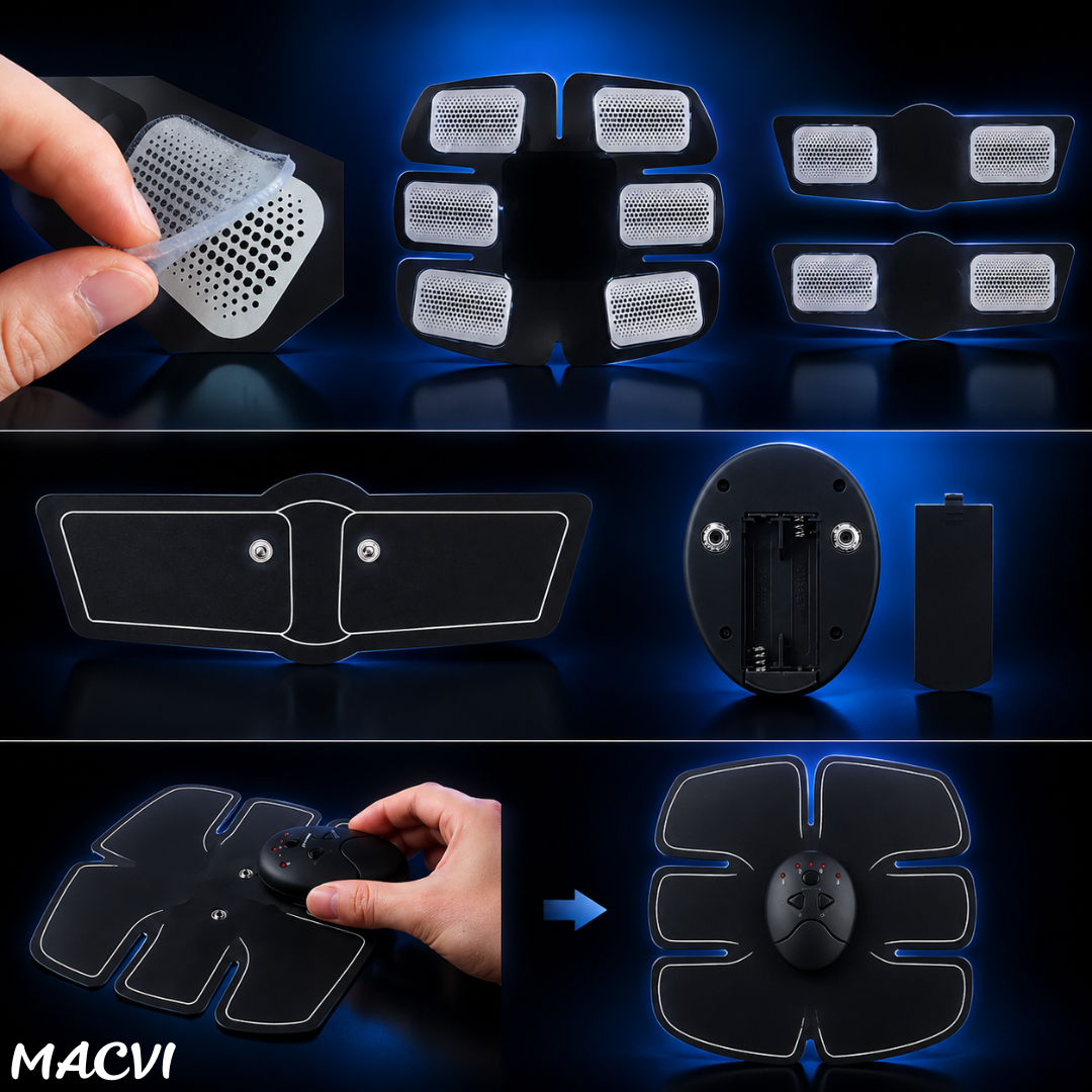 Set aparat electrostimulare musculara Macvi® pentru abdomen si brate, 6 programe, 10 trepte intensitate, 1-100Hz, AIC & ICS, Auto OFF 12 min, tonifiere, modelare, masaj, anticelulitic, Negru