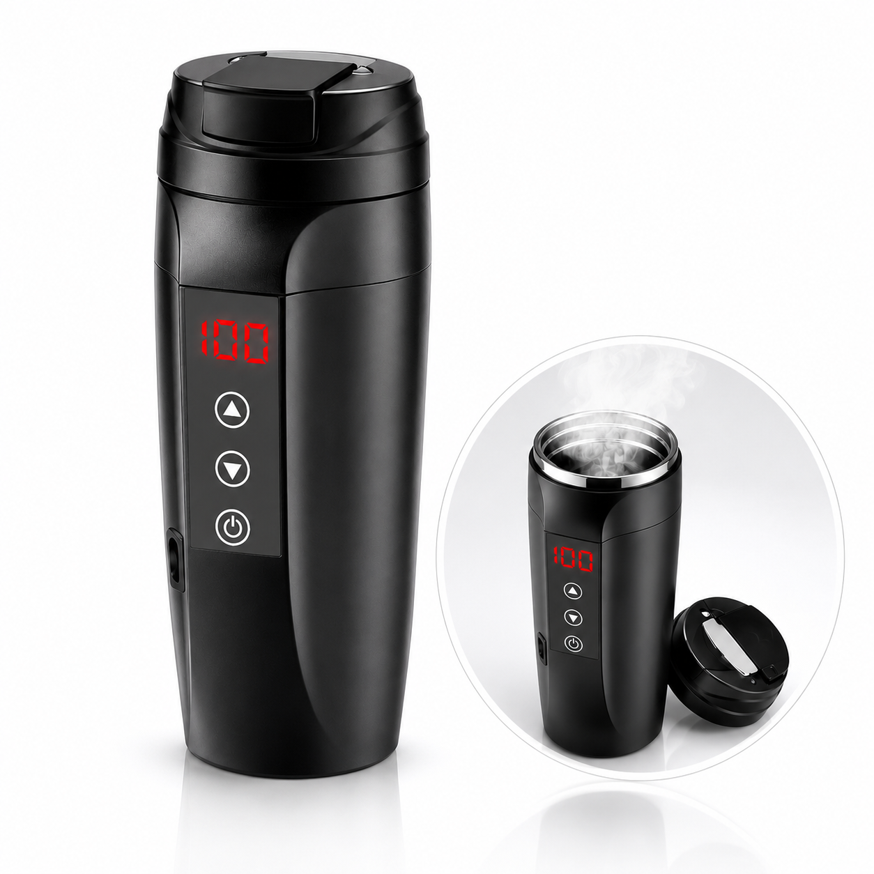 Cana inteligenta tip termos Macvi®, afisaj temperatura, inox premium, etansa, incarcare auto 12V/24V, 0.45L, negru
