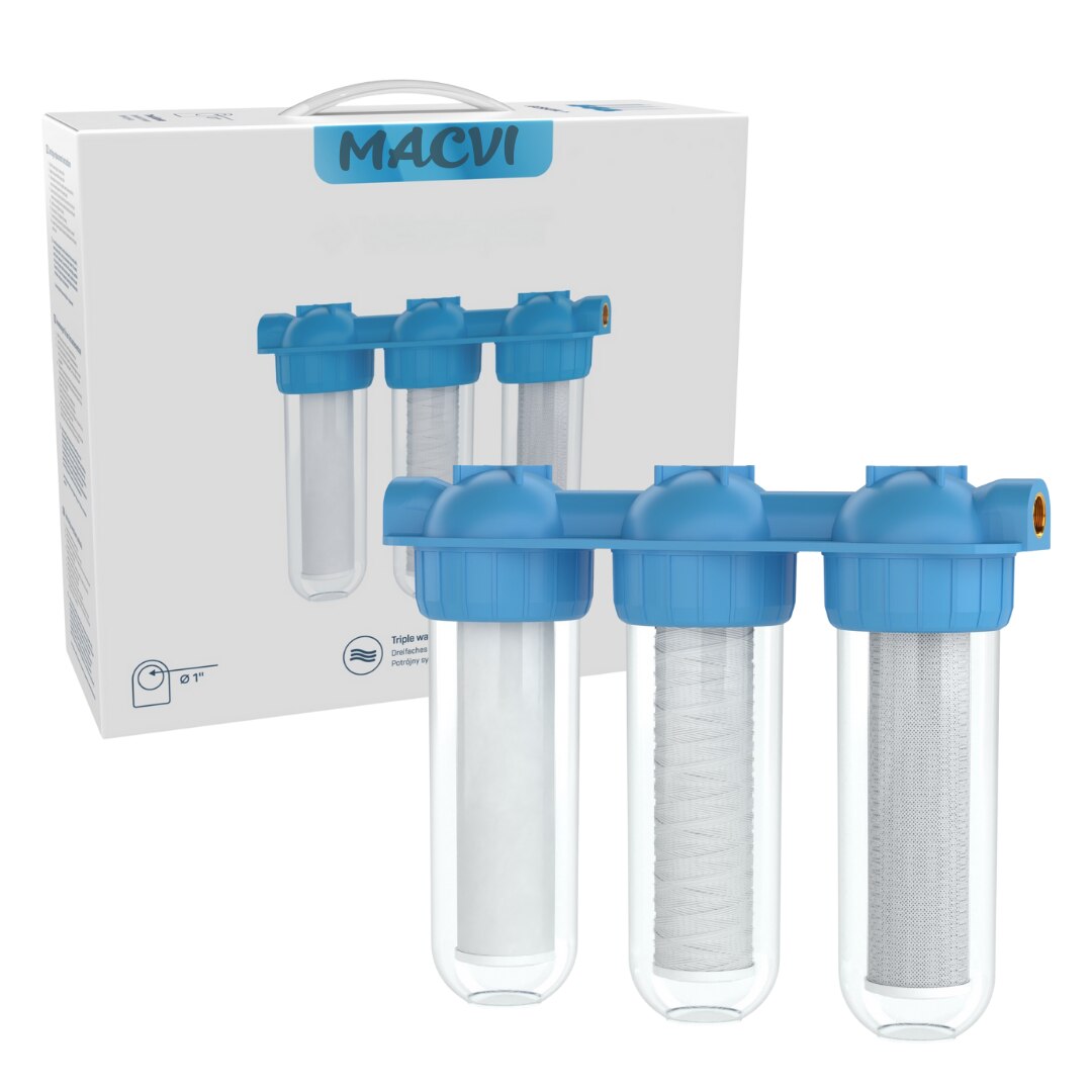 Sistem de Filtrare Apa Macvi® Triplu 3/4", 3 Trepte cu Carbon Activ, Bumbac si Sita, Microfiltrare 5 Microni, 34.5 cm, Alb/Albastru