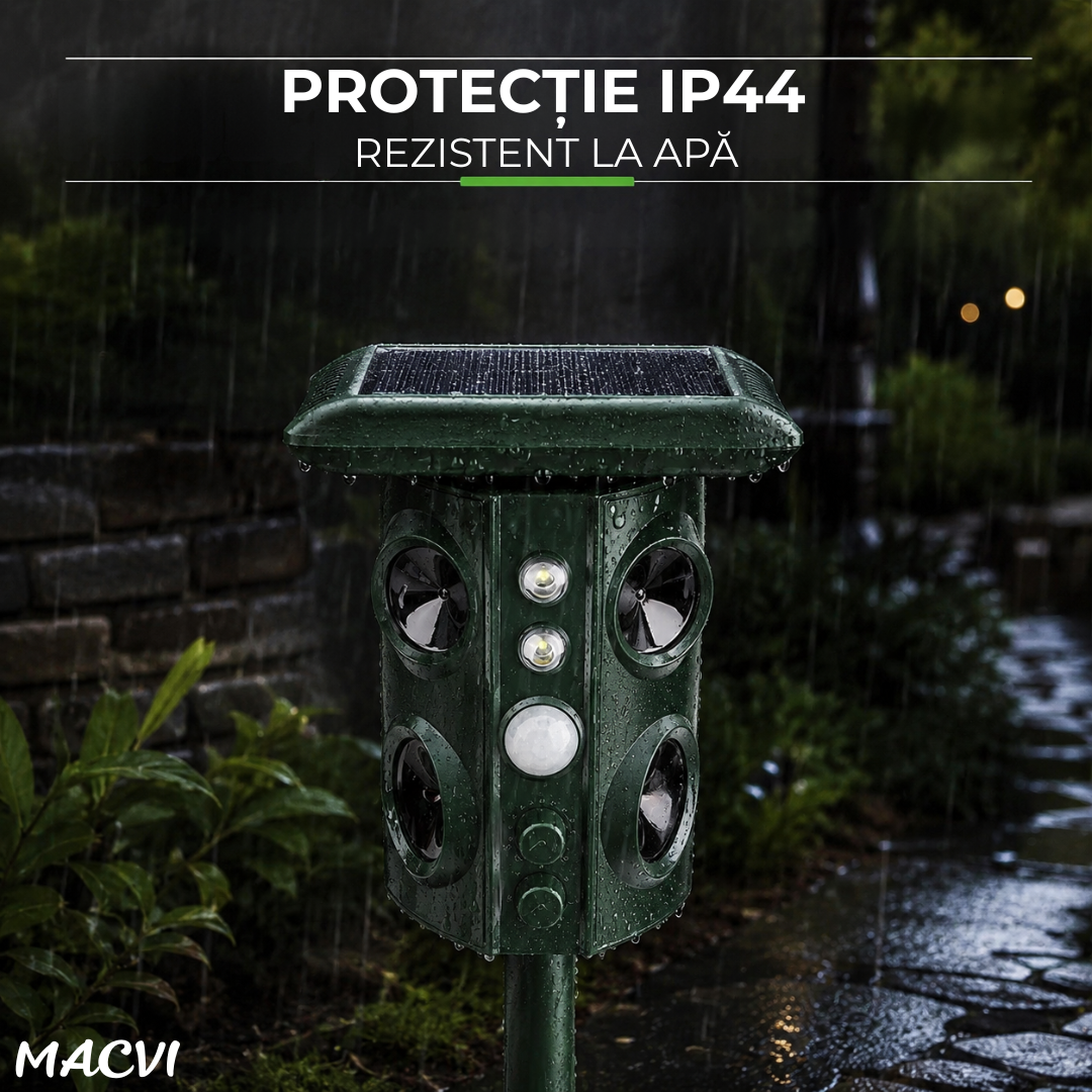 Aparat Macvi® cu ultrasunete anti-daunători, 360°, anti animale sălbatice, încărcare solară/USB, senzori PIR, LED-uri stroboscopice, IP44, verde