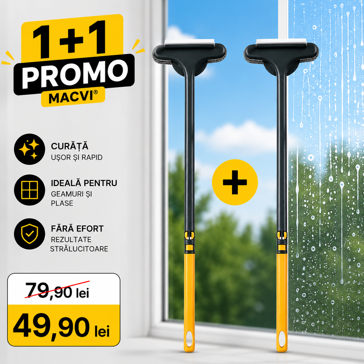 PROMO 1+1: Racleta de geamuri/plase geam, Macvi®, 46 x 15 cm, negru/galben, pentru curatarea rapida a sticlei si placilor, ideala pentru geamuri termopane si plasa pentru geam
