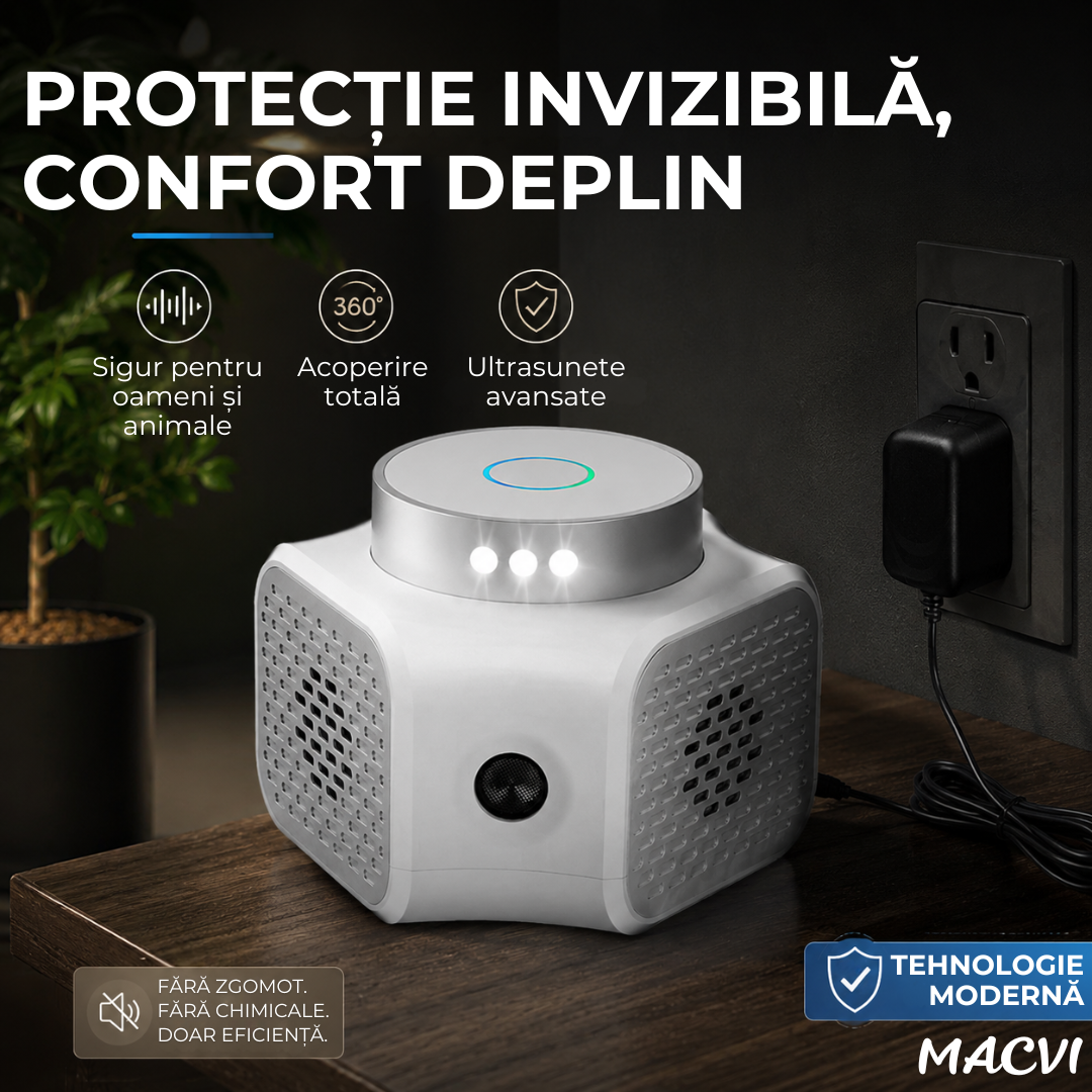 Aparat Macvi® cu ultrasunete anti-daunatori, 360°, ultrasunete duale, 120 mp, frecventa 22-35/25 kHz, sigur pentru animale, alb