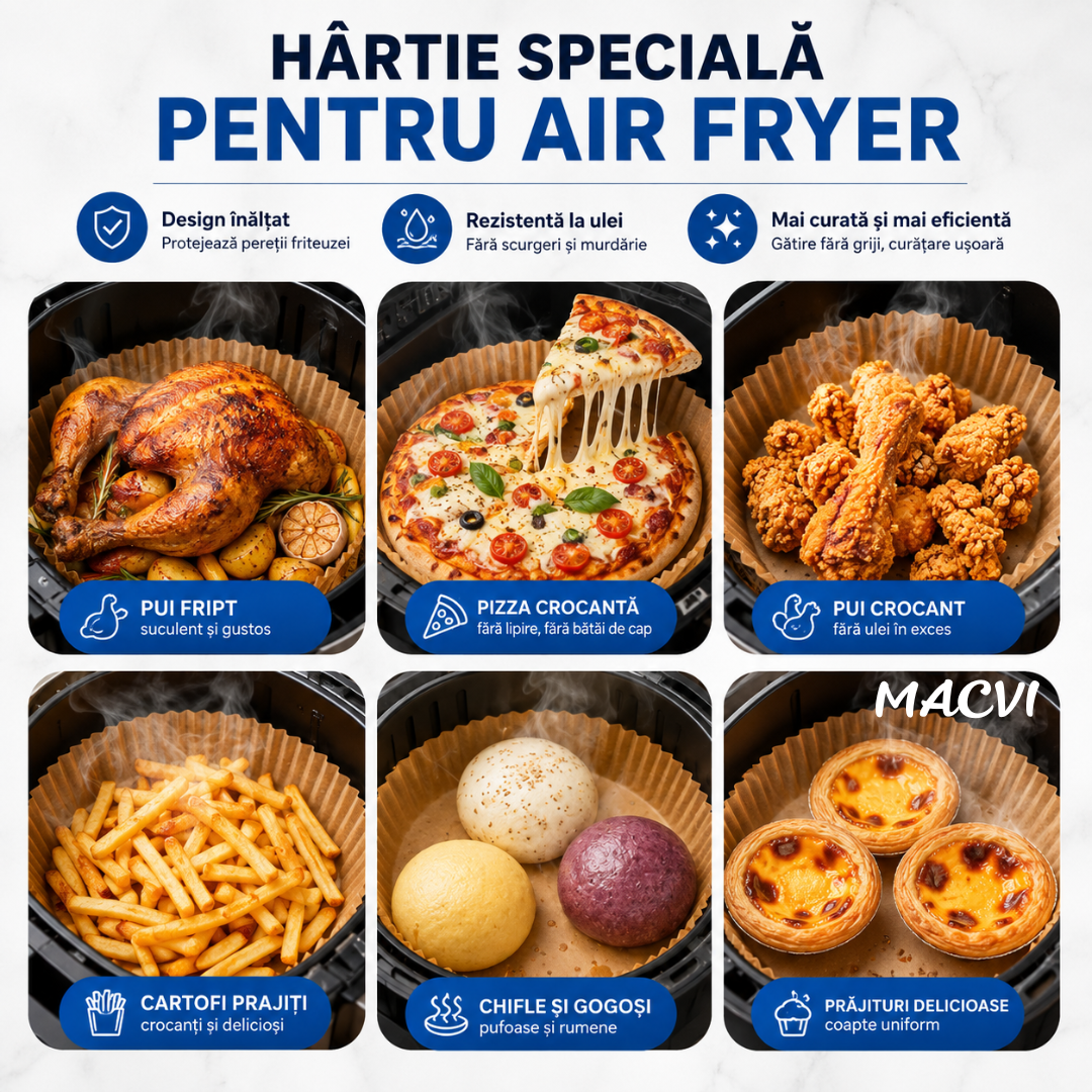 Set  hartii de copt rotunde Macvi® pentru Air Fryer, maro, 16x20x4.5 cm