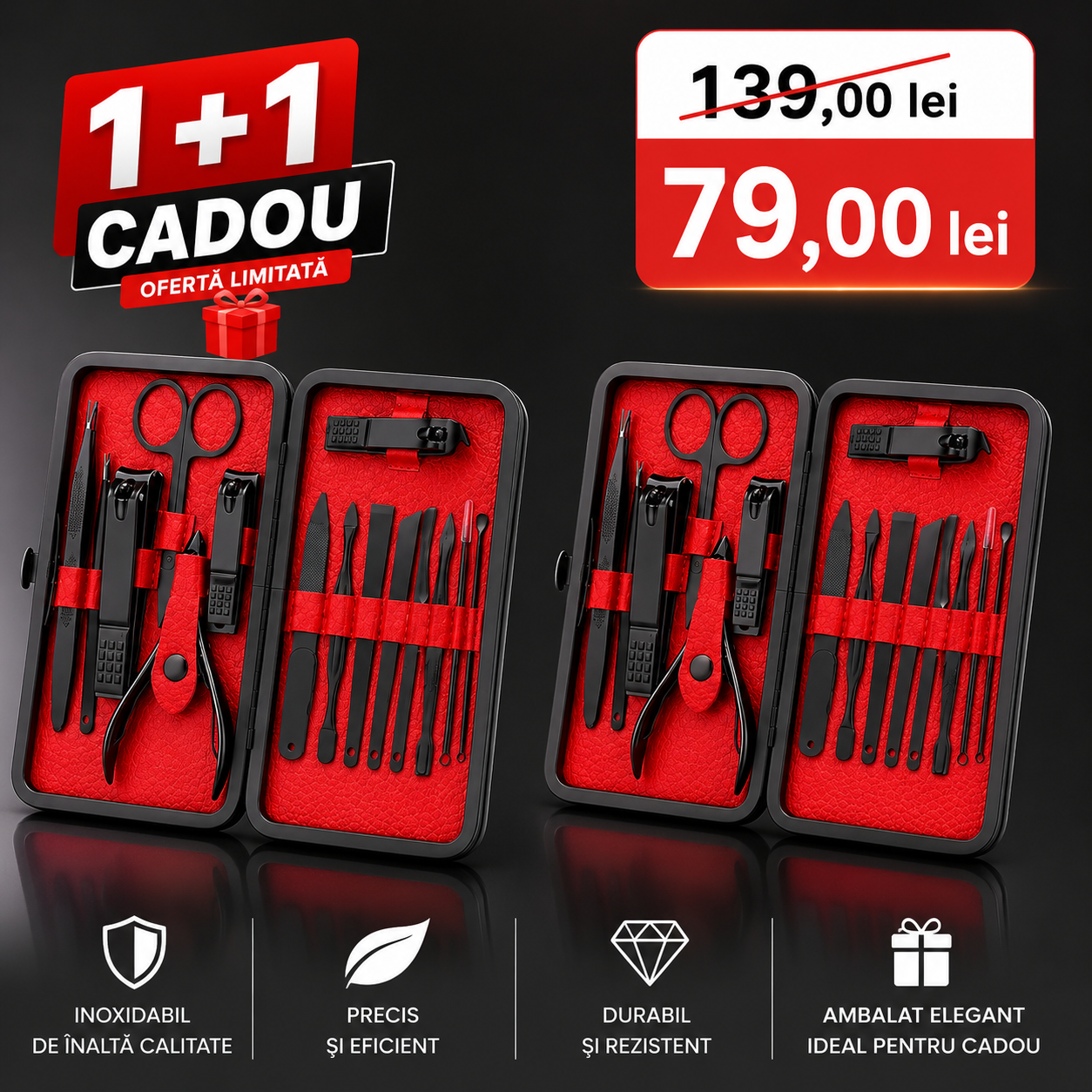 PROMO 1+1: Set manichiura, pedichiura Macvi®, 15 piese din inox, cu husa din piele, pentru ingrijirea completa a unghiilor