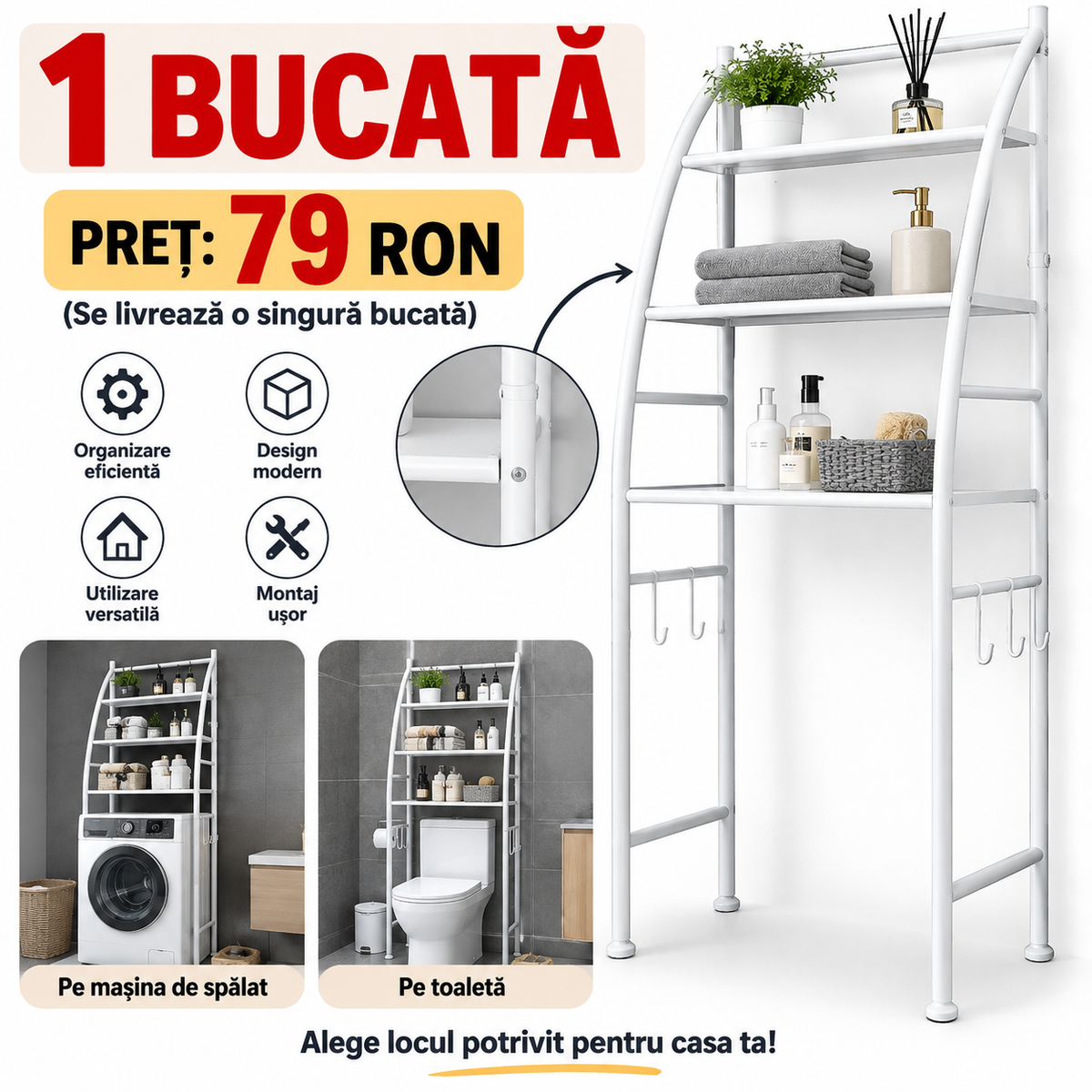 Organizator Baie Macvi® pentru Masina de Spalat sau Toaleta, 3 Rafturi Depozitare, Suport Hartie Igienica, 160 x 65 x 25,  Metal Vopsit, Alb, Etajera Multifunctionala Economisire Spatiu