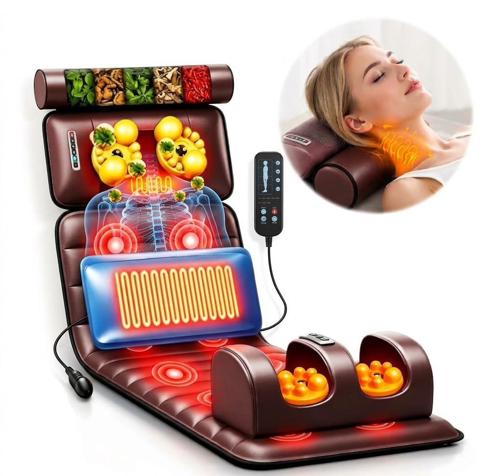 Saltea Multifunctionala de Masaj MACVI, Masaj Complet Shiatsu, 10 Motoare cu Vibratii, Incalzire, 5 Moduri de Masaj, Telecomanda, pentru Spate, Gat si Coloana, Piele Ecologica, Maro