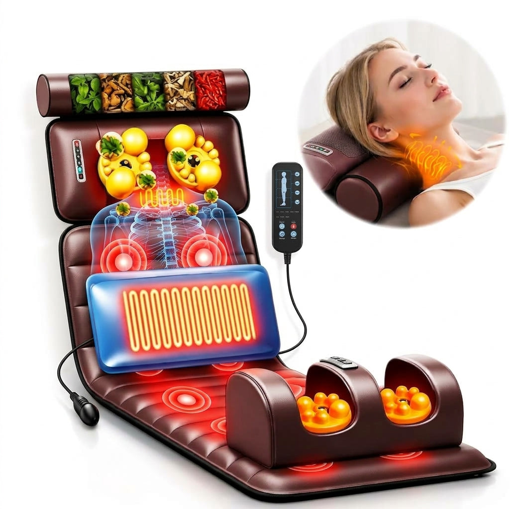Saltea Multifunctionala de Masaj MACVI, Masaj Complet Shiatsu, 10 Motoare cu Vibratii, Incalzire, 5 Moduri de Masaj, Telecomanda, pentru Spate, Gat si Coloana, Piele Ecologica, Maro