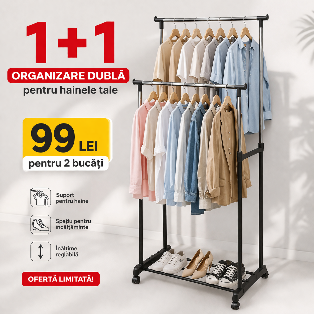 PROMO: 1+1 Suport Haine Macvi® Dublu cu Inaltime Reglabila, Bara Metalica si Roti Pivotante Cuier Mobil pentru Uscare si Organizare, Ideal pentru Haine si Incaltaminte
