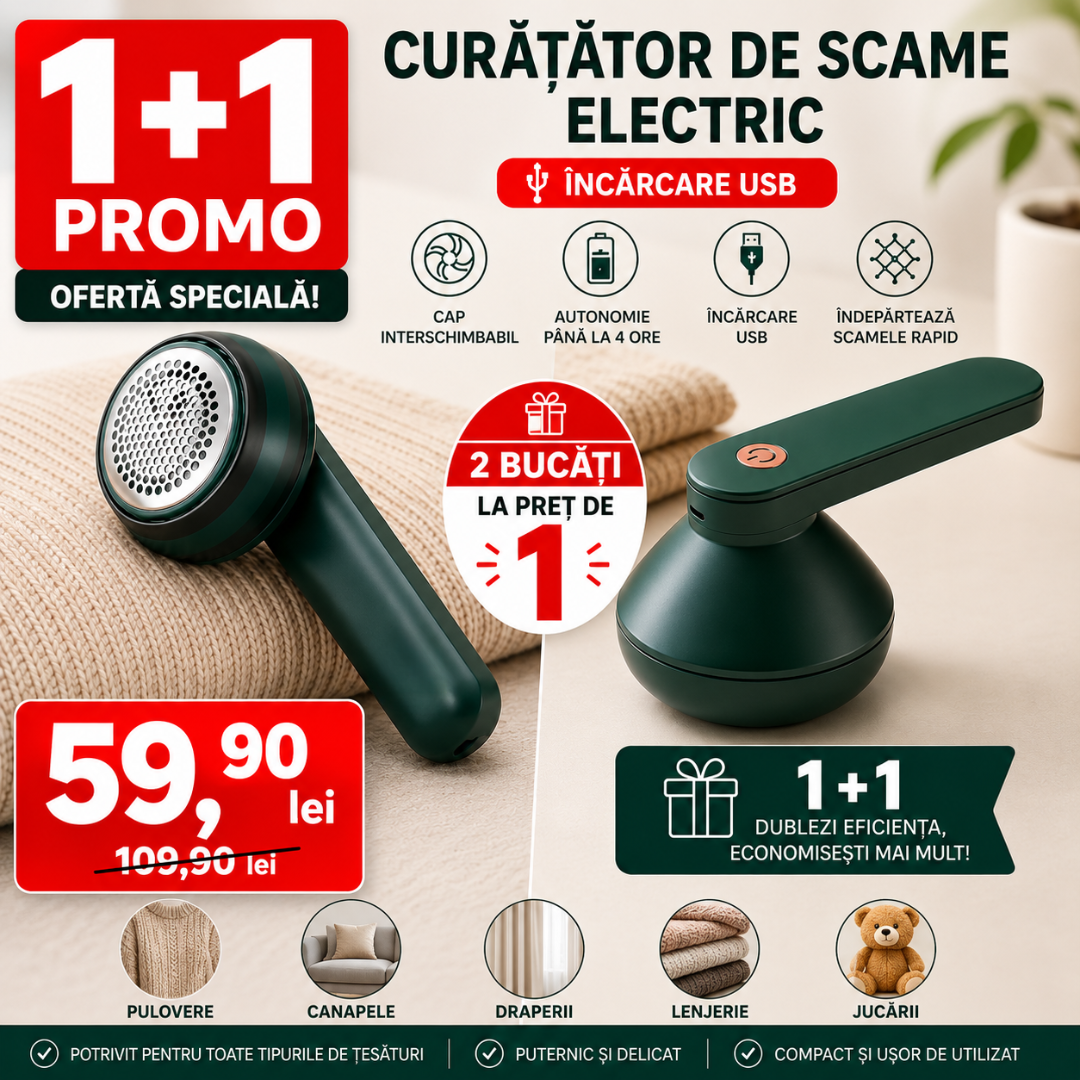 PROMO: 1+1 Curățător de Scame Electric ,cu Cap Interschimbabil, Incarcare USB
