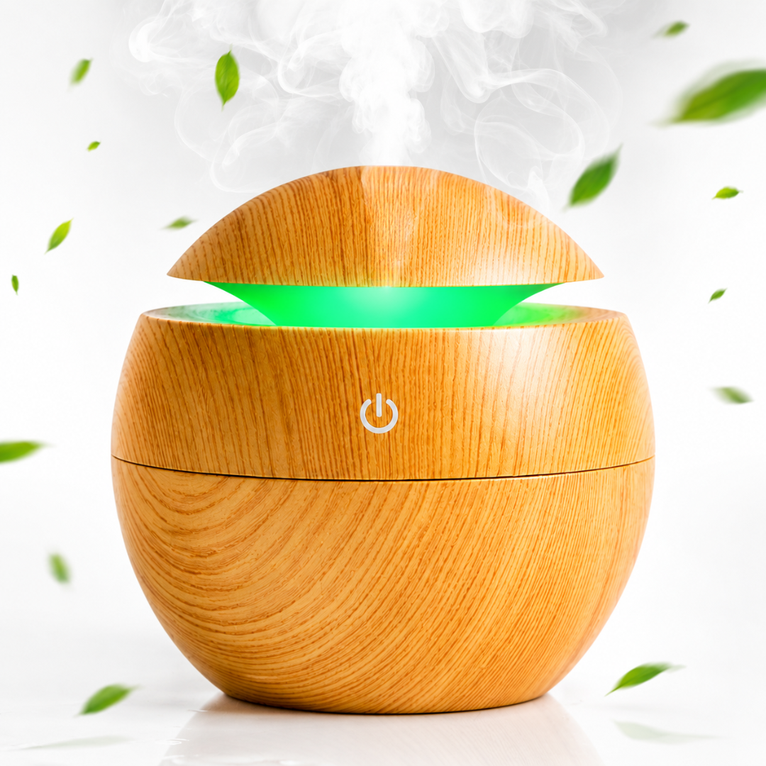 Difuzor Aromaterapie și Umidificator Macvi®, 130 ml, Ultrasunete, 7 Culori LED, Alimentare USB, Ceață Fină 35 ml/h, Funcționare Silențioasă, Suprafață 10–20 m², Bej
