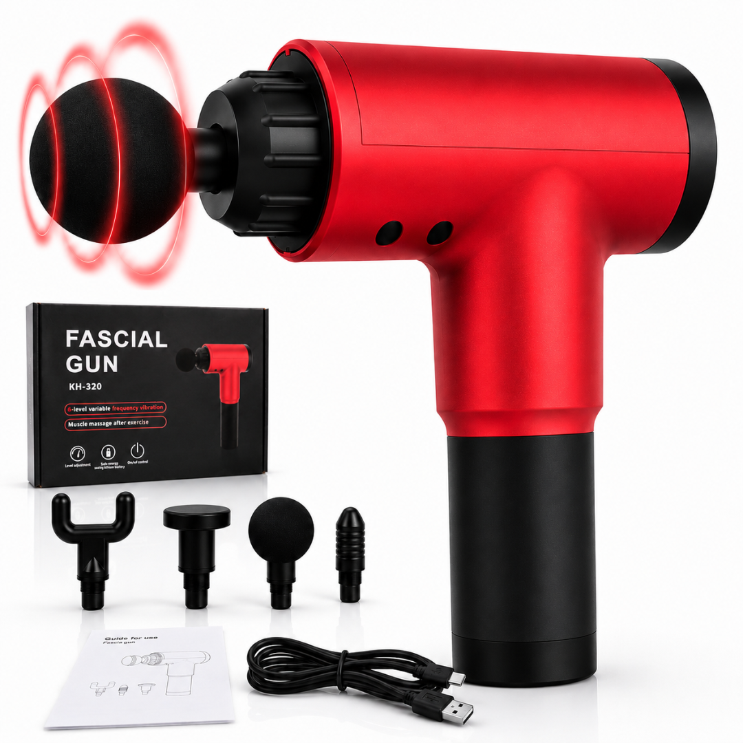 Aparat de Masaj Tip Pistol Macvi®, 220 x 218 x 50 mm, 4 Capete Interschimbabile, Motor Brushless, 6 Trepte de Viteza, 24W, pana la 3400 RPM, Autonomie pana la 4 Ore, Rosu