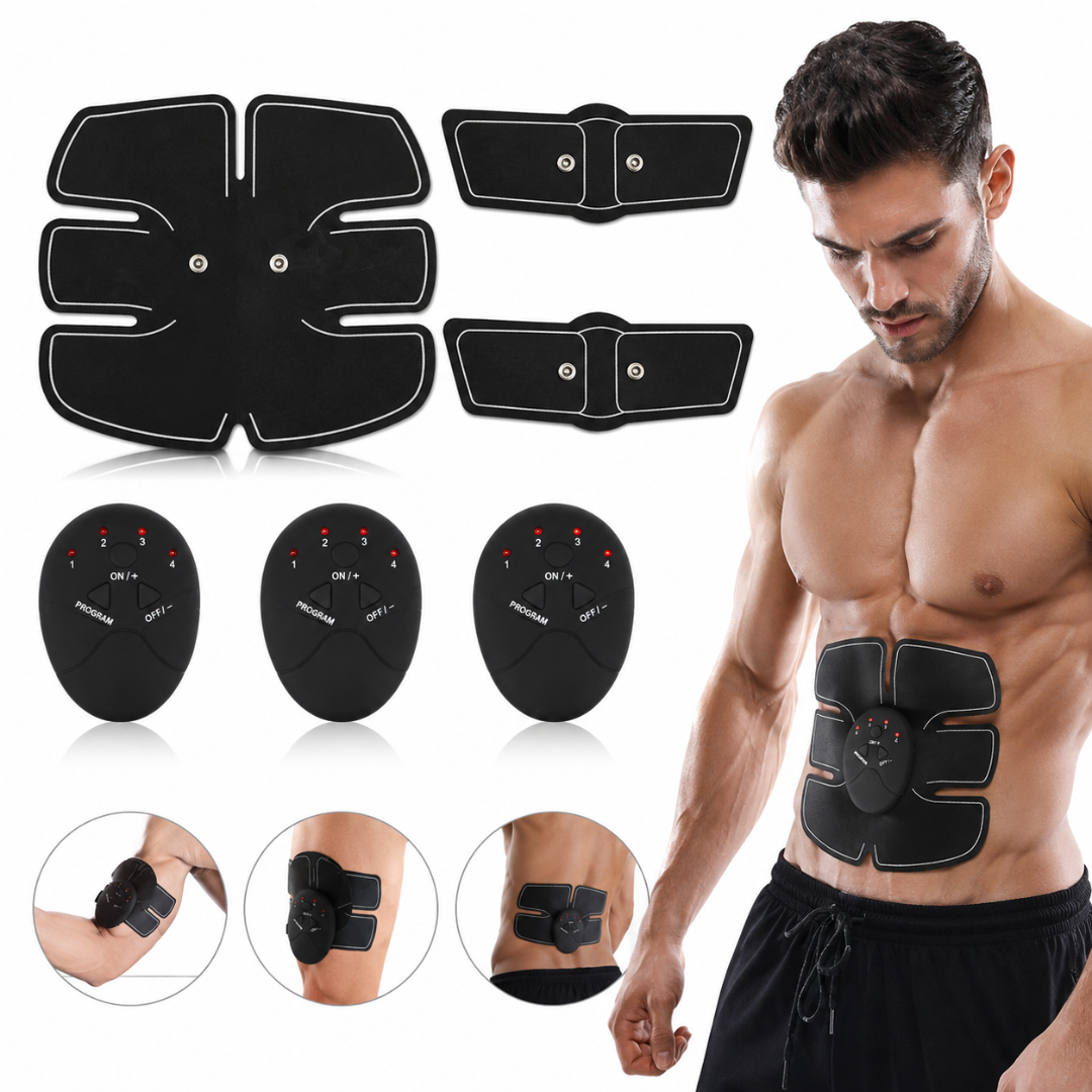 Set aparat electrostimulare musculara Macvi® pentru abdomen si brate, 6 programe, 10 trepte intensitate, 1-100Hz, AIC & ICS, Auto OFF 12 min, tonifiere, modelare, masaj, anticelulitic, Negru