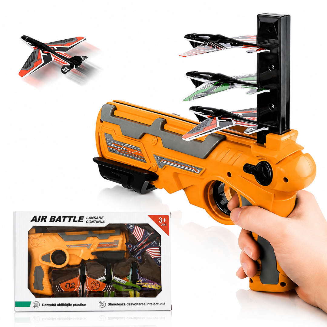 Pistol Lansator Macvi® cu 4 Avioane, Jucarie Interactiva pentru Copii, Design Usor si Sigur, Galben