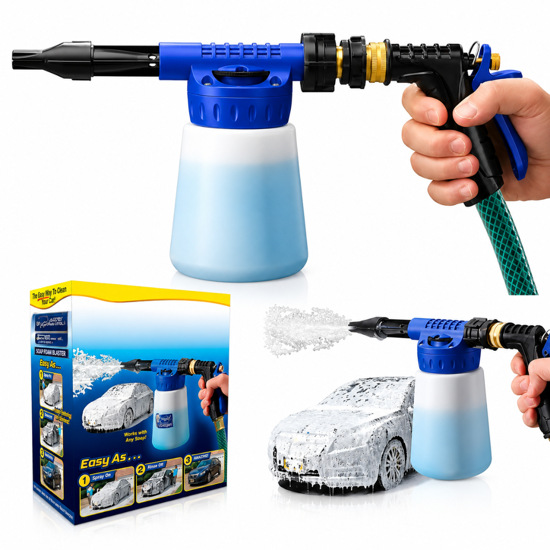 Pistol de Spumare Auto Macvi®, Rezervor Detergent 1L, Presiune Reglabilă, Duză Reglabilă, Conector Rapid 1/2", Debit 10 l/min, 6 Bar, ABS, Albastru/Negru