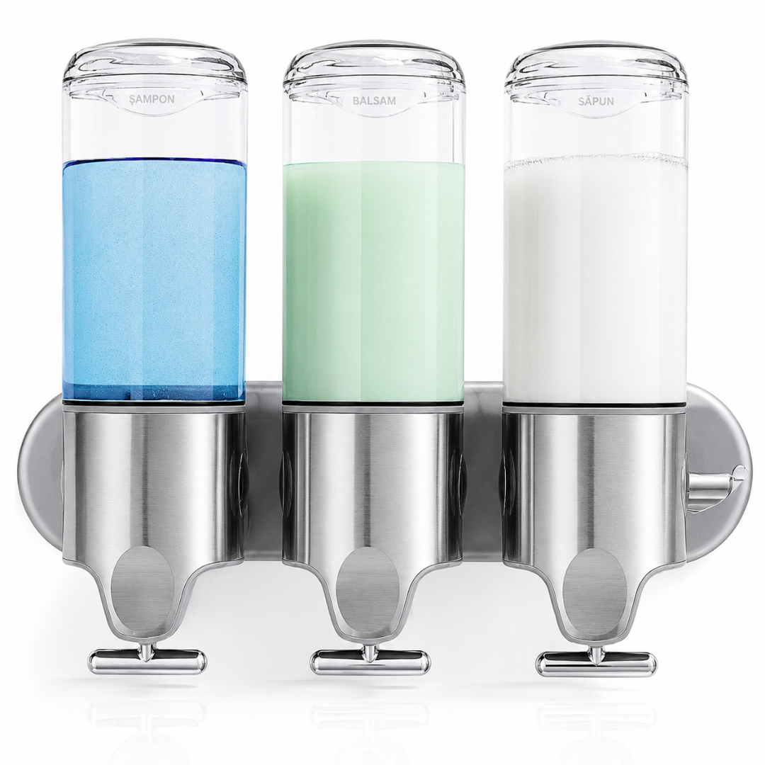 Dispenser Triplu Săpun și Șampon Macvi® 3 x 500 ml, Montare pe Perete, Dozator Gel de Duș, Balsam și Săpun Lichid, Mecanism T-Bar, Plastic Rezistent, Transparent, 31 x 9,9 x 24,5 cm