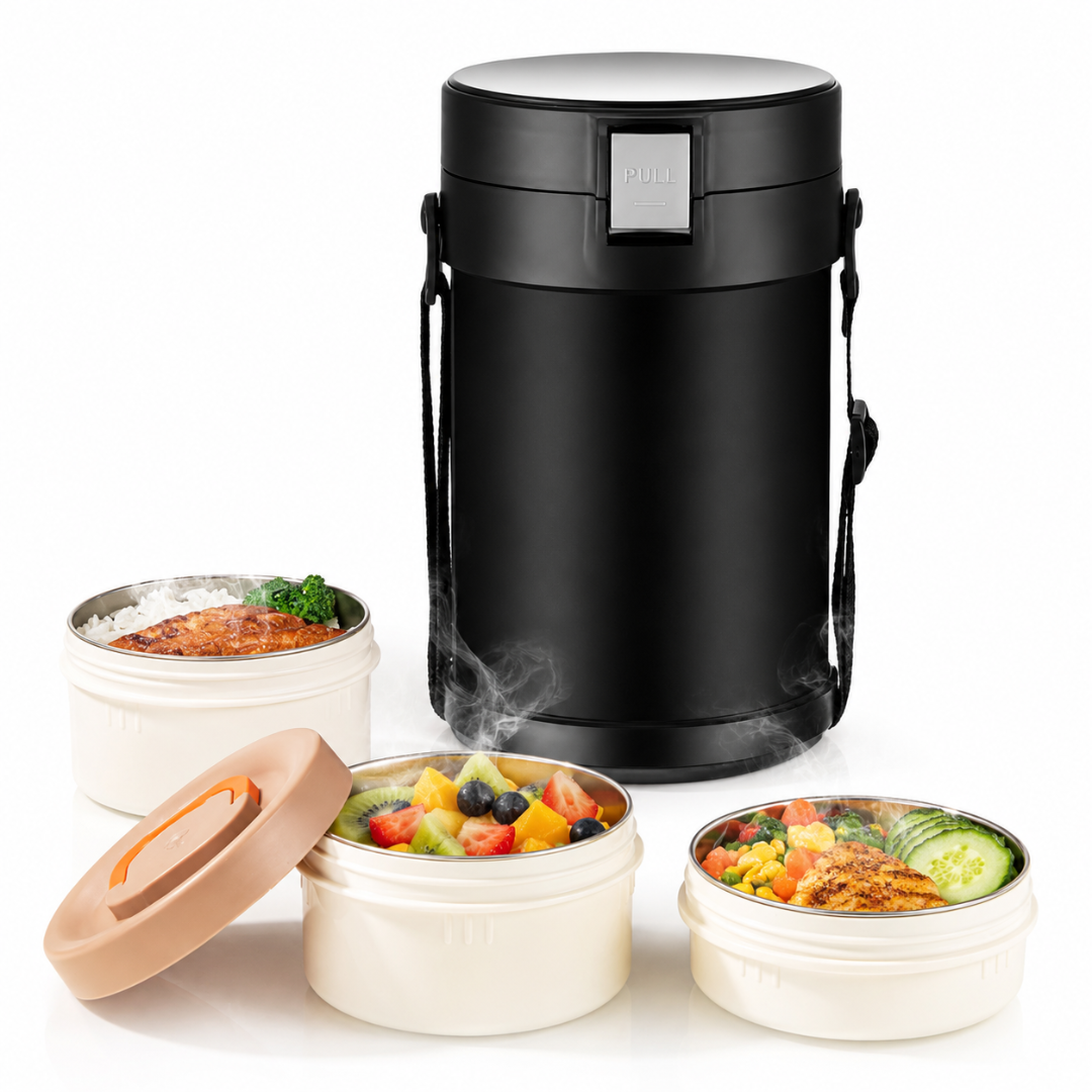 Caserolă termică Macvi® 2.9L, Inox 304 alimentar, 4 compartimente separate, etanșă, izolație termică, menține alimentele calde și reci 4-12 ore, fără BPA, pentru birou, școală, picnic, camping, Negru
