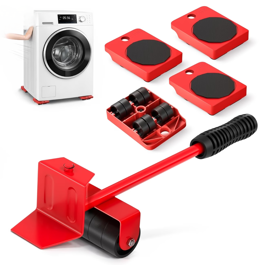 Set levier cu role si 4 suporturi pivotante Macvi®, cu roti pentru mobilier si electrocasnice, capacitate totala 600 kg