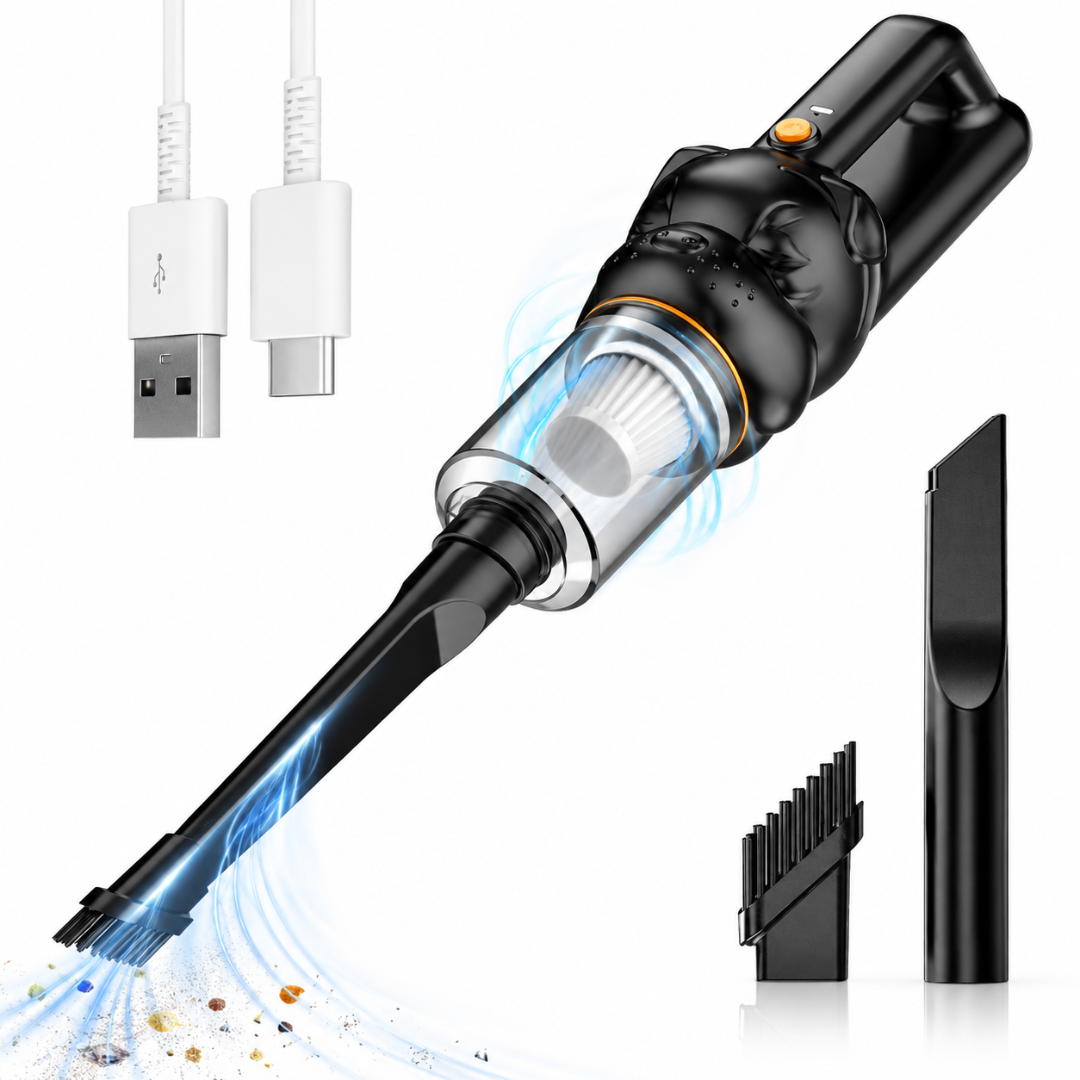 Aspirator Auto Portabil 120W, 4500PA, Reincarcabil USB Type-C, 2000mAh, Filtru Lavabil, Set Accesorii, 26×10×7 cm, Negru
