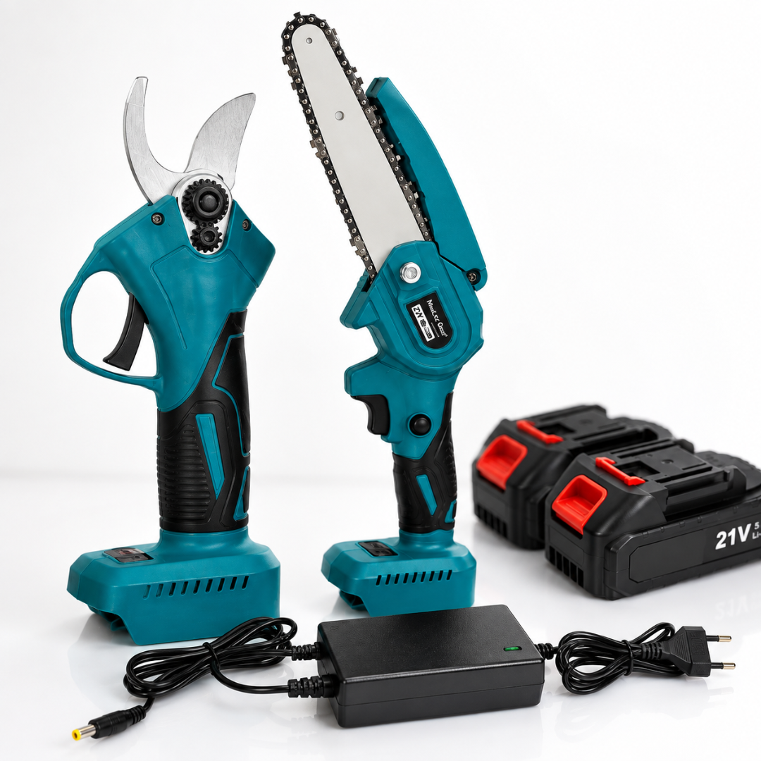 Set Profesional Macvi® Foarfecă Electrică + Mini Drujbă cu Lanț, 2xAcumulator 21V, Motor Cupru 600W, Deschidere Lamă 40 mm, Încărcător Inclus, pentru Tăiere Crengi și Pomi