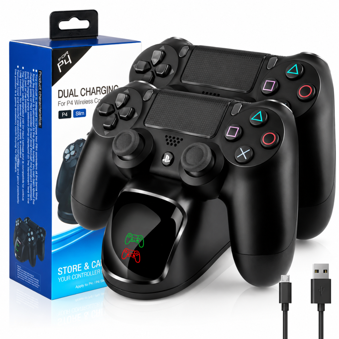 Statie Macvi® de incarcare dubla pentru controlere PS4 cu afisaj LED si protectie inteligenta, negru
