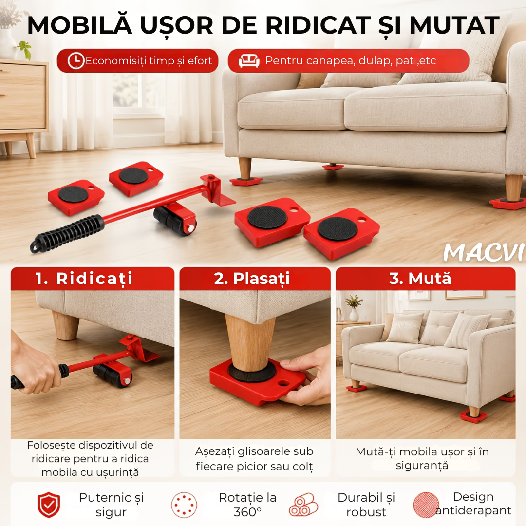 Set levier cu role si 4 suporturi pivotante Macvi®, cu roti pentru mobilier si electrocasnice, capacitate totala 600 kg