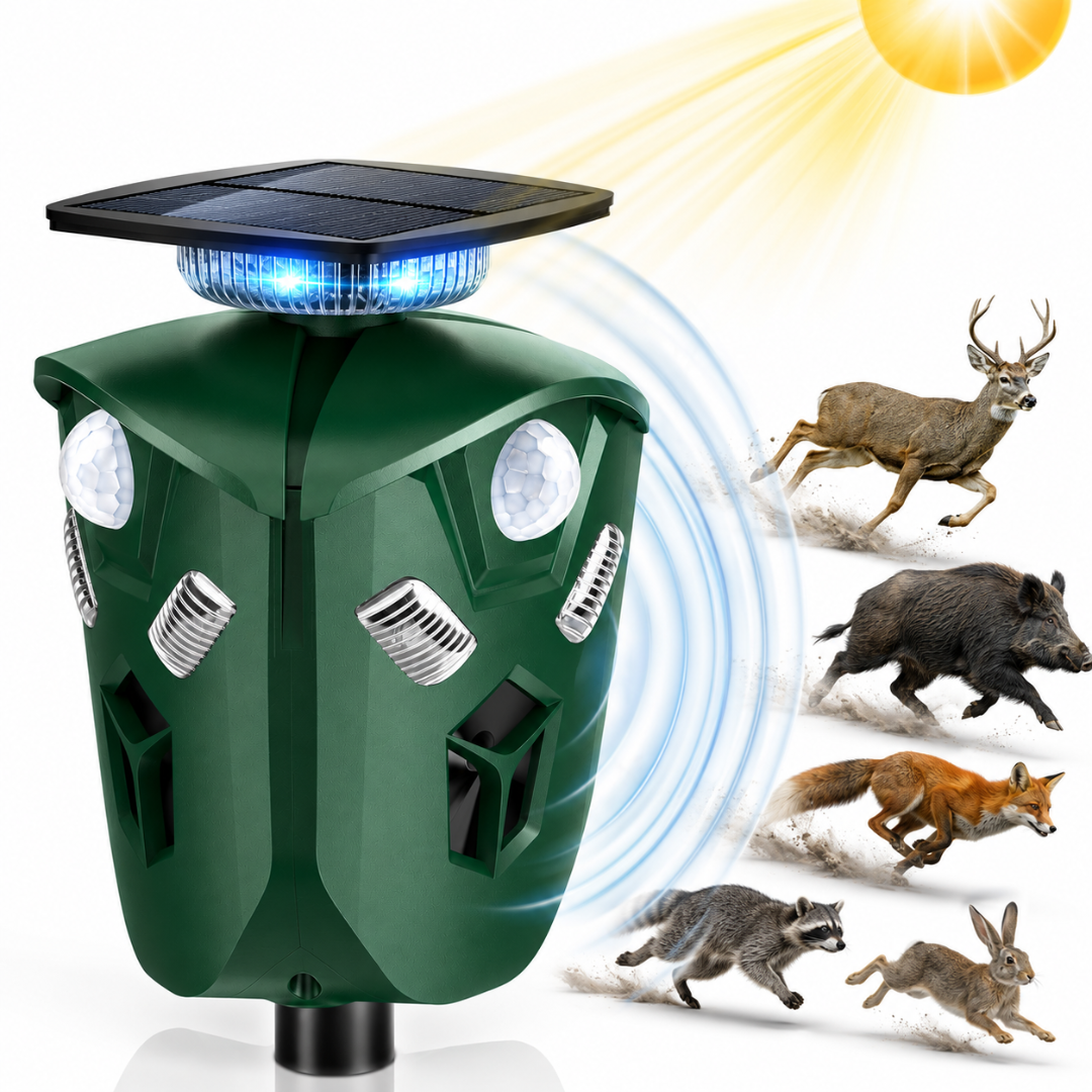 Aparat Macvi® cu ultrasunete anti-dăunători triplu, 360°, 3 senzori PIR, încărcare solară și USB, LED-uri stroboscopice, IP65, anti animale sălbatice, rază până la 300 m², verde