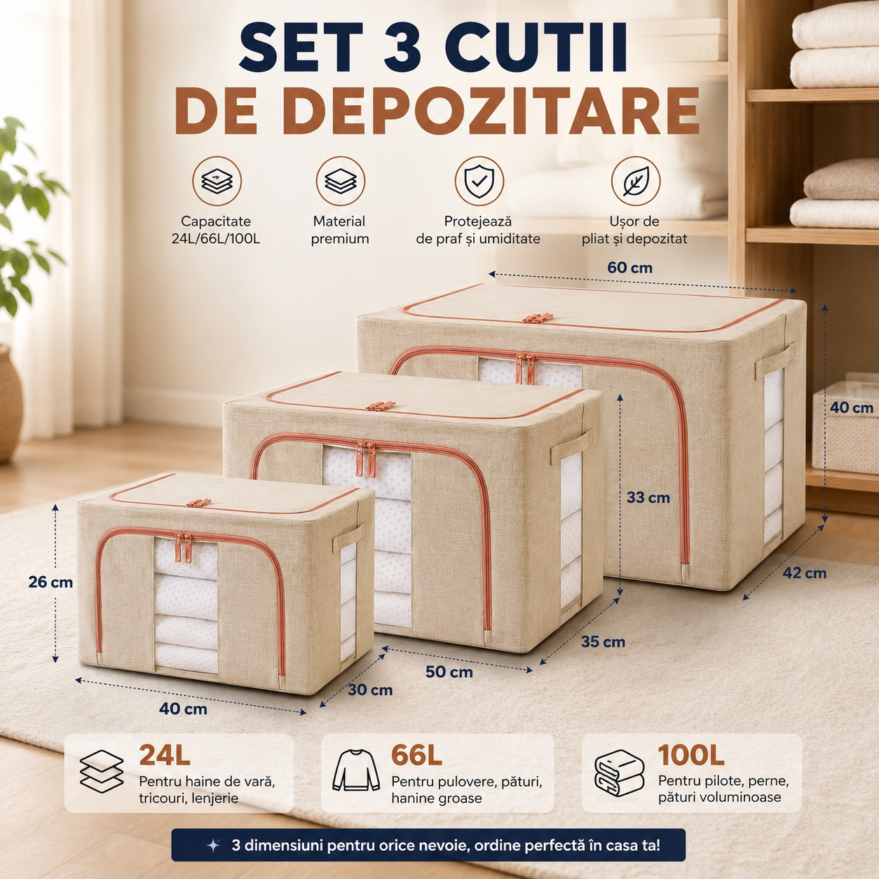 Set 3 cutii de depozitare, 24, 66 si 100 L, pliabile, din material textil cu fermoar si fereastra transparente, cadru metalic pentru organizare eficienta