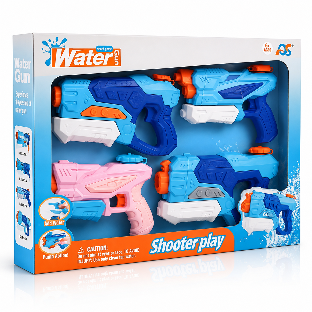 Set 4 Pistoale cu Apa pentru Copii Macvi®, 2 x 300 ml + 2 x 550 ml, plastic rezistent, usor de umplut, albastru/alb, varsta 6 ani+