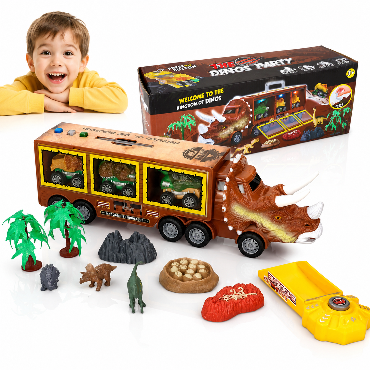 Camion Dinozaur Interactiv Macvi® cu Lumini si Sunete, 3 Vehicule Detasabile, Rampa de Lansare si Accesorii Preistorice, Jucarie Educativa pentru Copii 3+