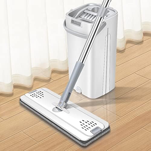 Set mop profesional Macvi® cu galeata si 2 lavete din microfibra, functie de autostoarcere din plastic si metal pentru podele, Alb